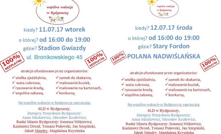 SLD Bydgoszcz zaprasza na festyny rodzinne – Wspólne wakacje 